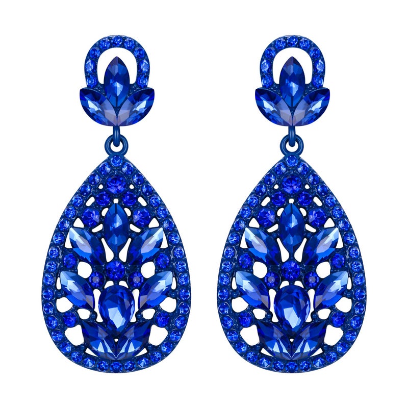 EleQueen Women's Wedding Bridal Austrian Crystal Bohemia Teardrop Chandelier Dangle Earrings Royal Blue Color Blue-Tone - Image 1